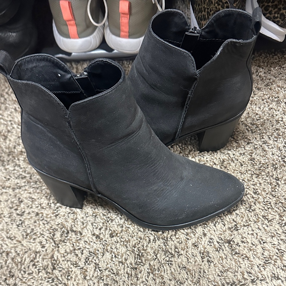 MIA Black Suede Scalloped Ankle Booties with Block Heel